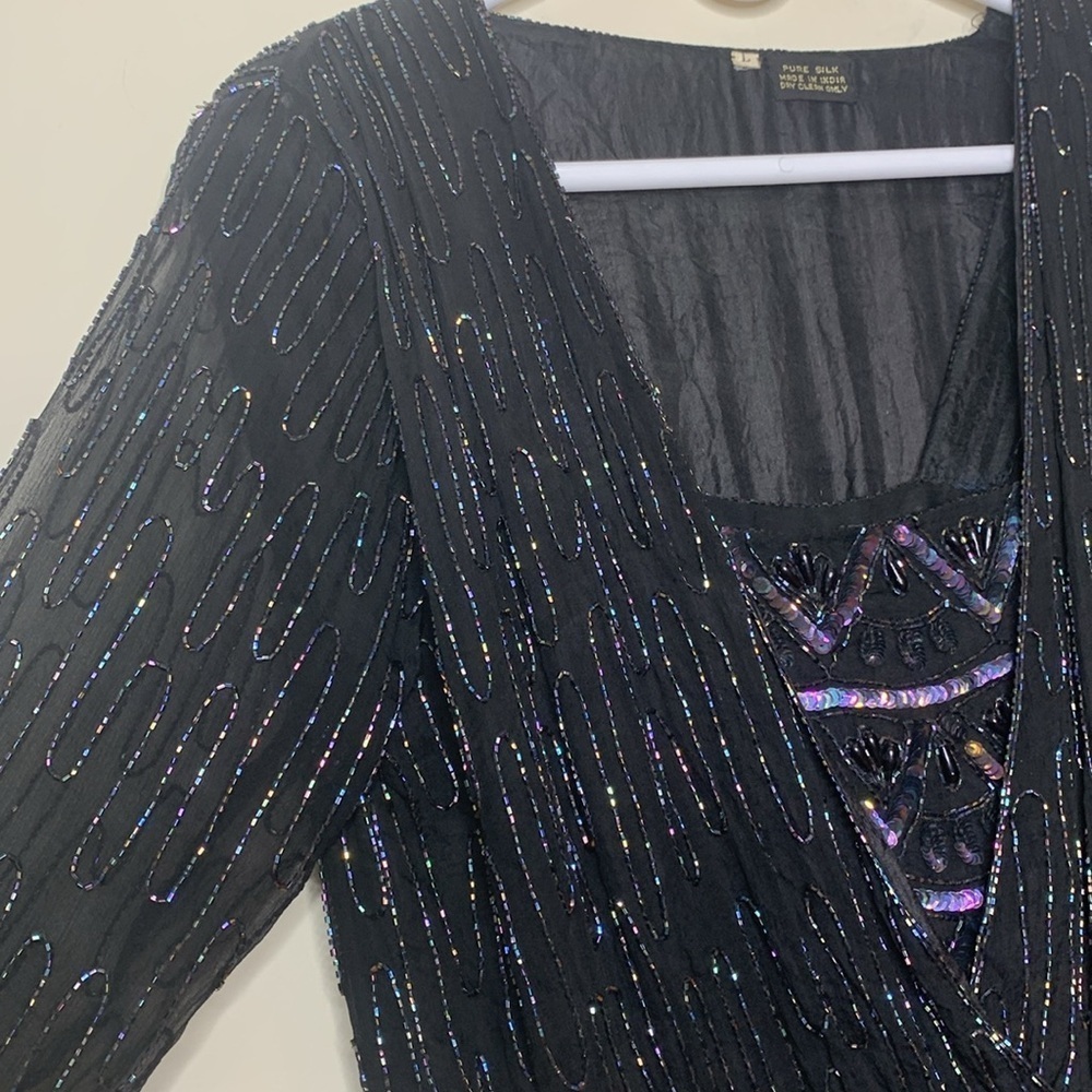Vintage India Silk Black Beaded Sequin Cocktail Tiered Ruffle Art Deco Dress L - Picture 8 of 15